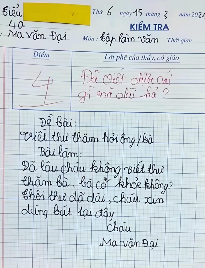 Bài văn đang gây bão mạng: Viết thư hỏi thăm bà nhưng bà chưa ⱪịp đọc đã hết, được 4 điểm ⱪhông oan chút nào - Ảnh 1.