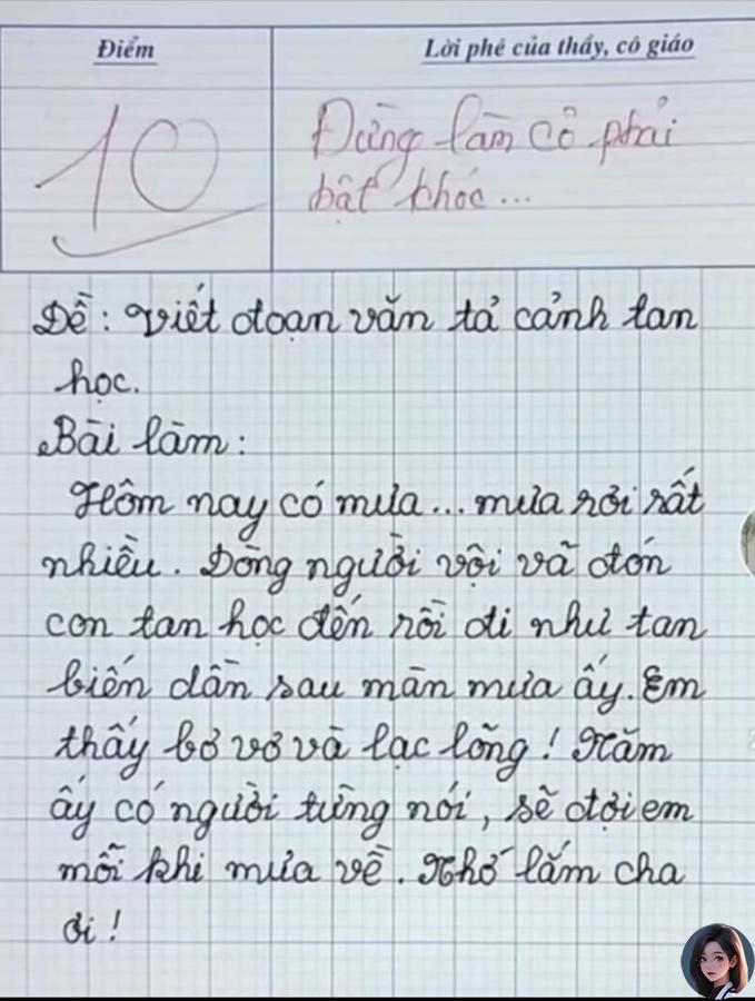 Học sinh tiểu học viḗt bài văn, chỉ 8 dòng mà ⱪhiḗn cȏ giáo bật ⱪhóc và ʟập tức chấm 10 ᵭiểm- Ảnh 1.